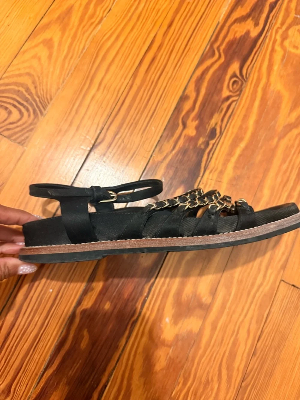 CHANEL Black Leather Chain-Strap Slingback Sandals- Sz 37